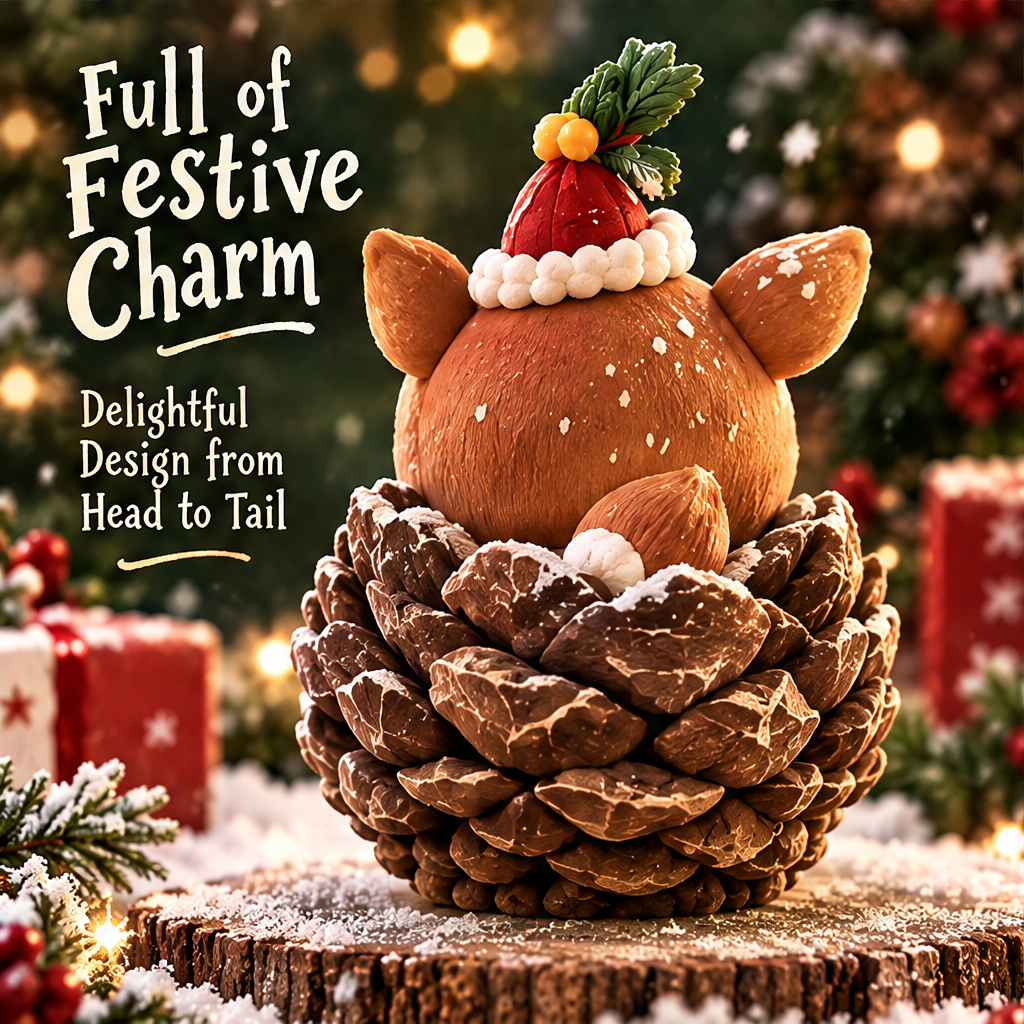Back view of the Christmas deer with a red hat, small pale-tipped tail and pinecone-shaped base