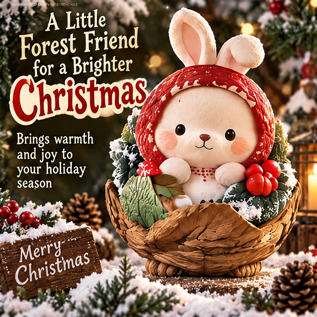 Woodland Christmas bunny displayed with greenery and festive text describing a little forest friend