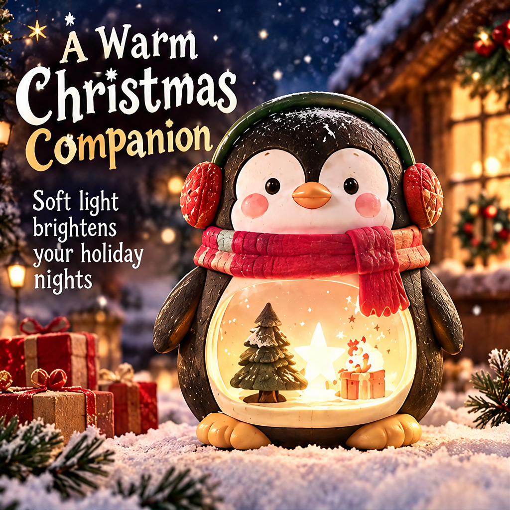 Light-up Christmas penguin in a festive display beside wrapped gifts and greenery