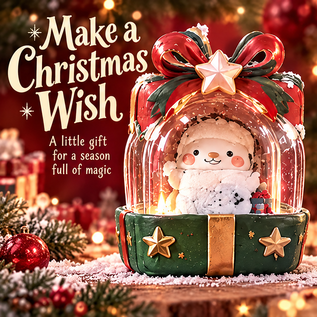 Snowman gift box decoration in a Christmas display with Make a Christmas Wish text
