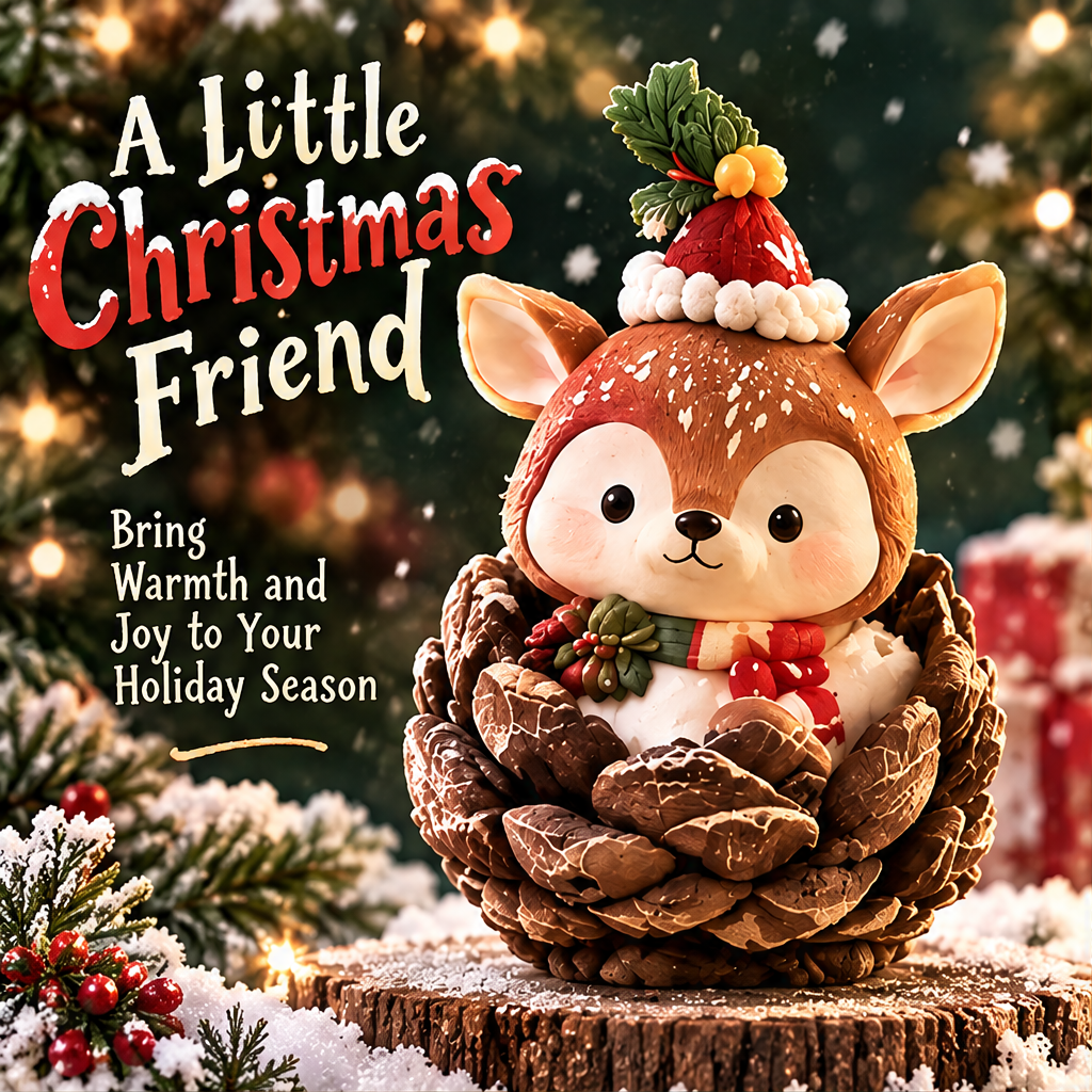 Close-up of the deer's smiling cream-colored face, rosy cheeks, striped scarf and leafy berry accents