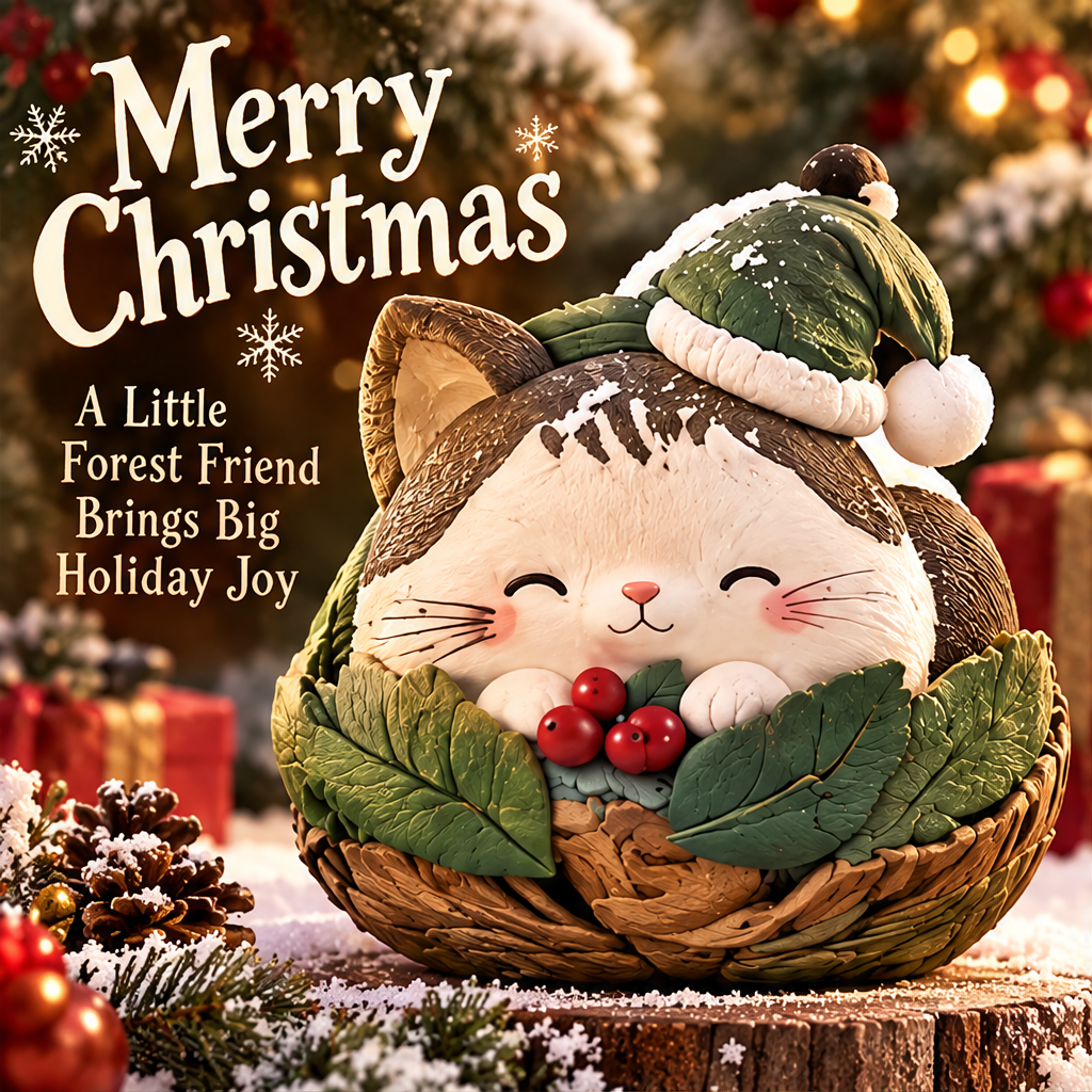 Christmas cat in a leafy nest-shaped base displayed with festive greenery and Merry Christmas text