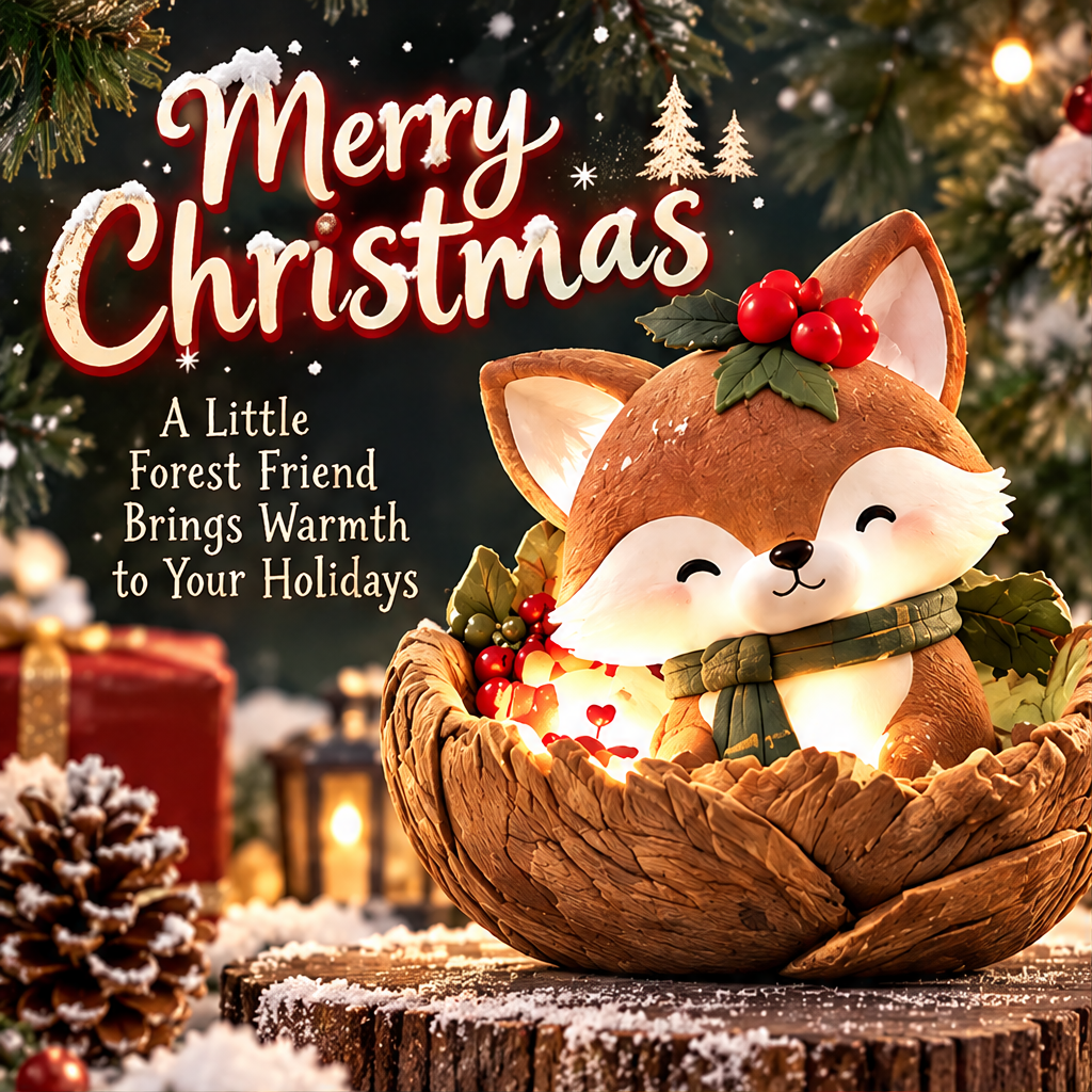 Light-up woodland fox in a festive Christmas display with greenery, pinecones and wrapped gifts