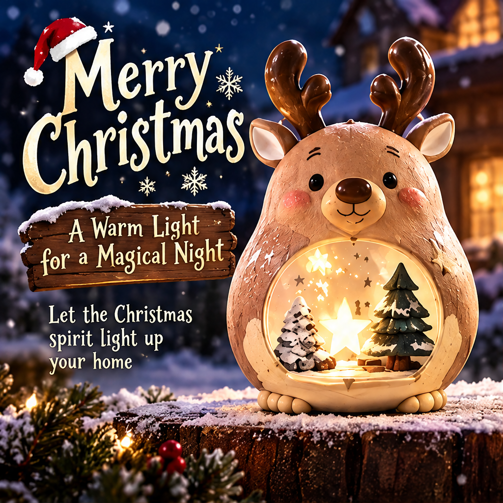 Light-up reindeer in a festive display with greenery and Merry Christmas text