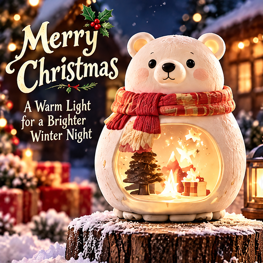 Light-up Christmas polar bear displayed among festive gifts with Merry Christmas text