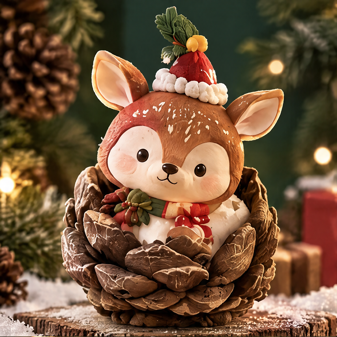 Christmas deer in a pinecone-shaped base displayed with greenery, gifts and festive text