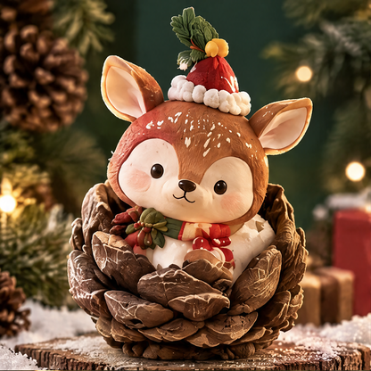 Christmas deer in a pinecone-shaped base displayed with greenery, gifts and festive text