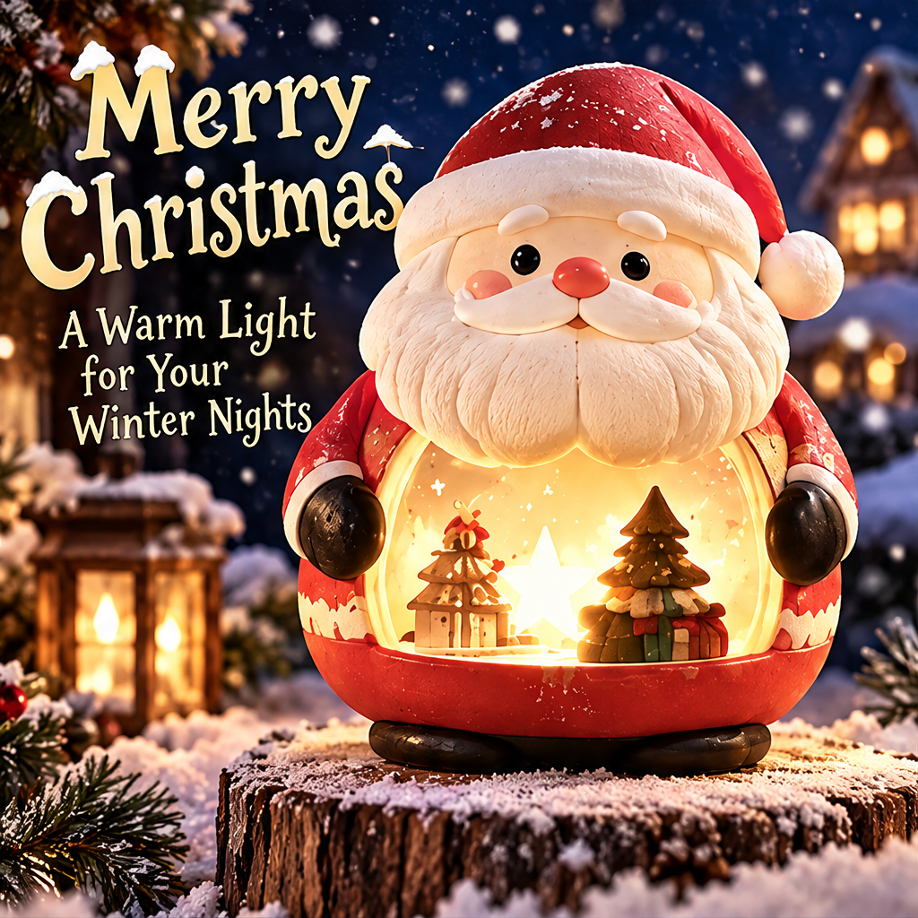 Light-up Santa Claus in a festive setting beside greenery and a lantern with Merry Christmas text