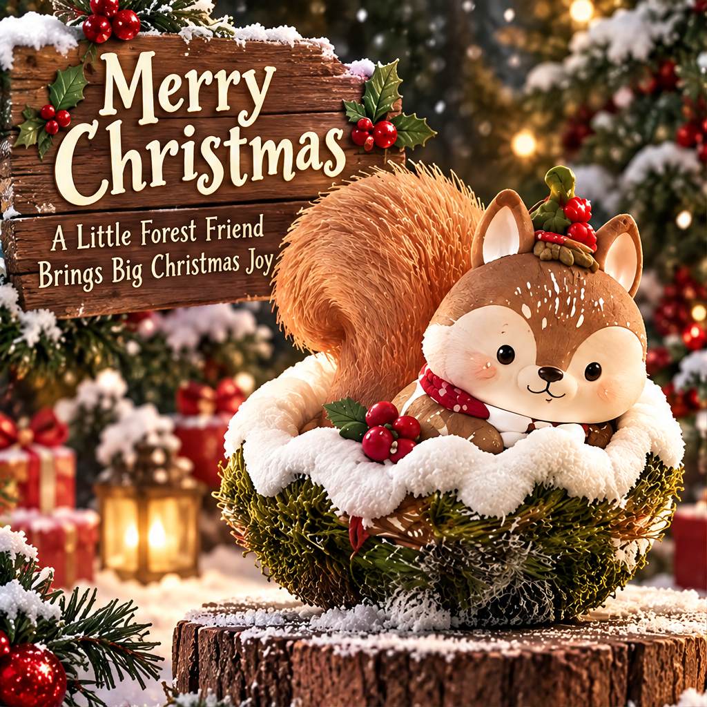 Woodland Christmas squirrel displayed with festive greenery and a Merry Christmas sign
