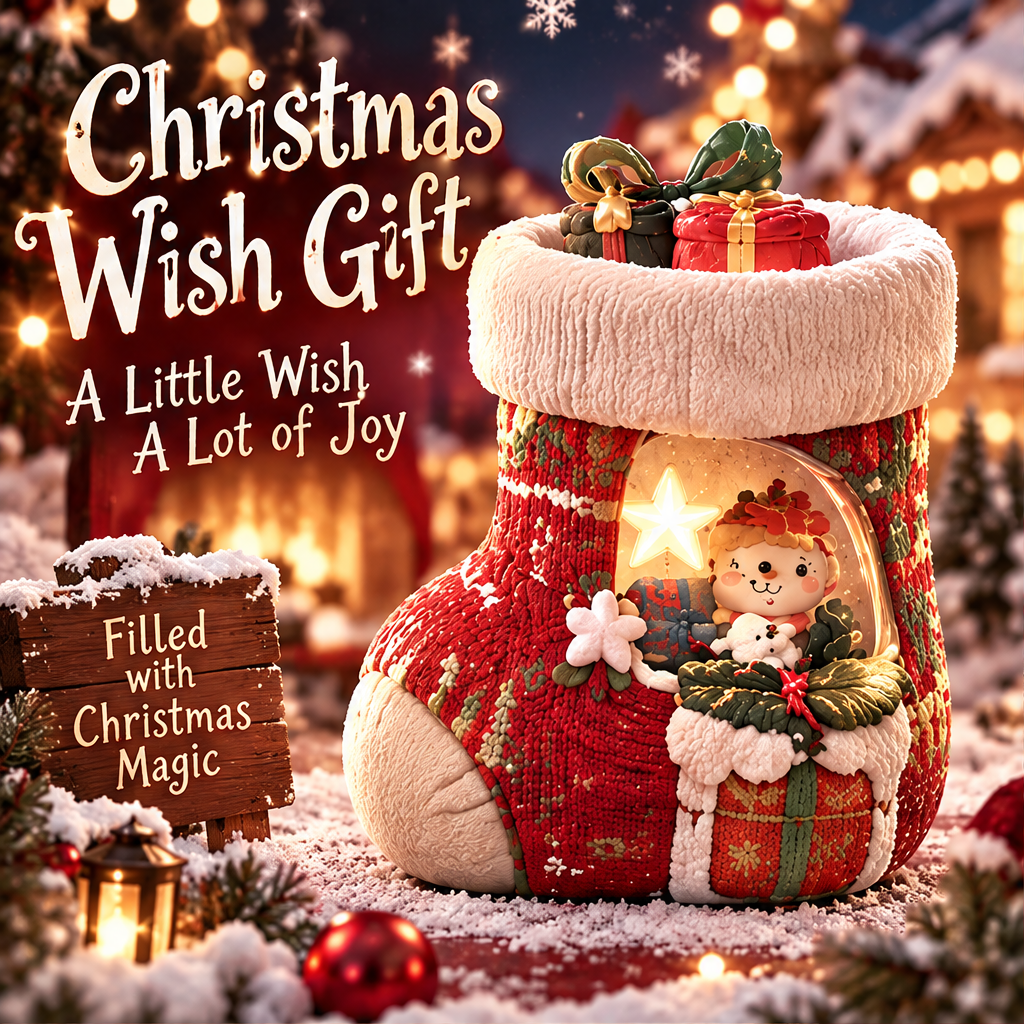 Light-up Christmas stocking displayed with greenery, wrapped presents and Christmas Wish Gift text