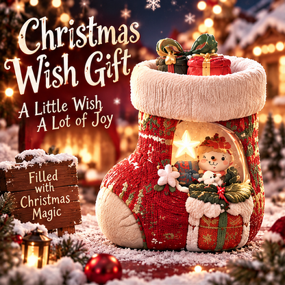 Light-up Christmas stocking displayed with greenery, wrapped presents and Christmas Wish Gift text