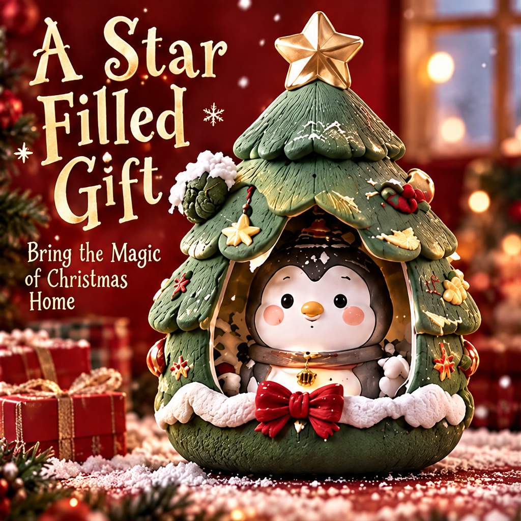 Penguin Christmas tree decoration in a festive display with A Star Filled Gift text