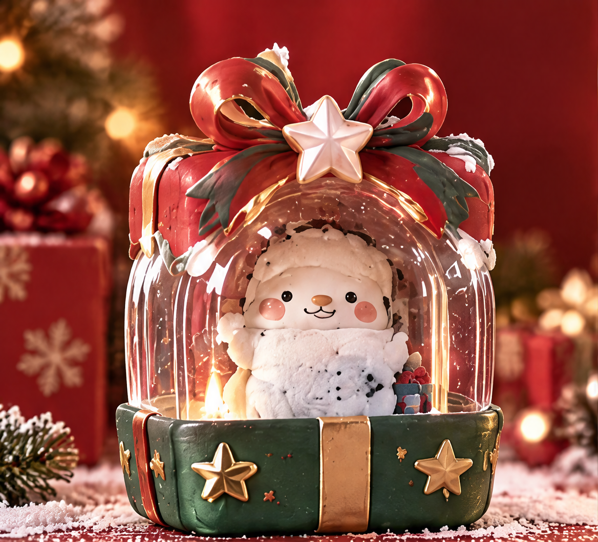 Front view of a light-up snowman gift box decoration with a red bow, clear rounded enclosure and green star-decorated base