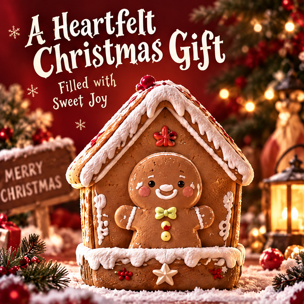 Gingerbread house decoration in a festive display with heartfelt Christmas gifting text