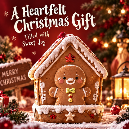 Gingerbread house decoration in a festive display with heartfelt Christmas gifting text