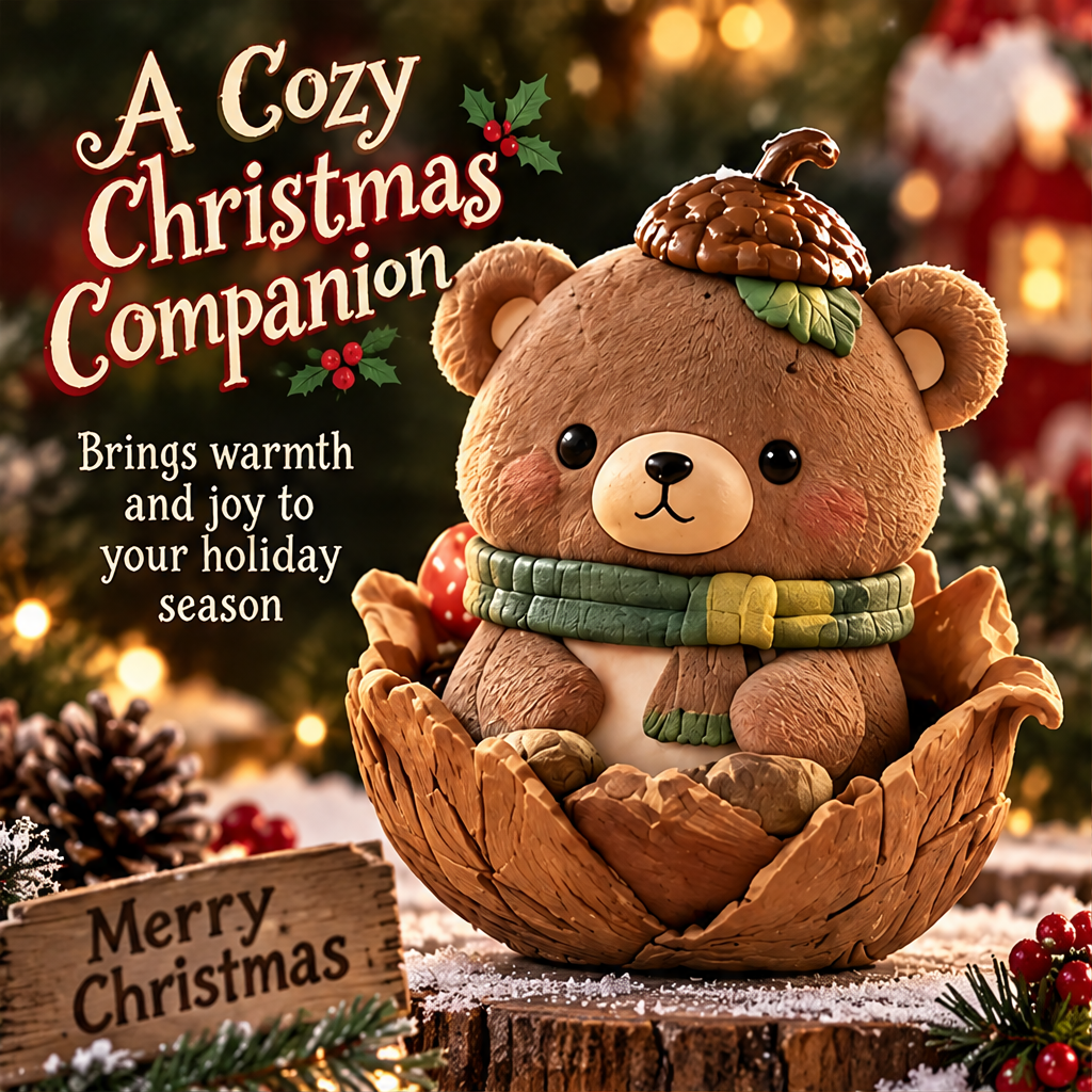 Woodland Christmas bear displayed with greenery and festive text describing a cozy Christmas companion