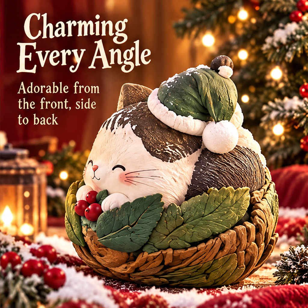 Side view of the brown-and-white Christmas cat showing its green hat, rounded body and layered leaf details