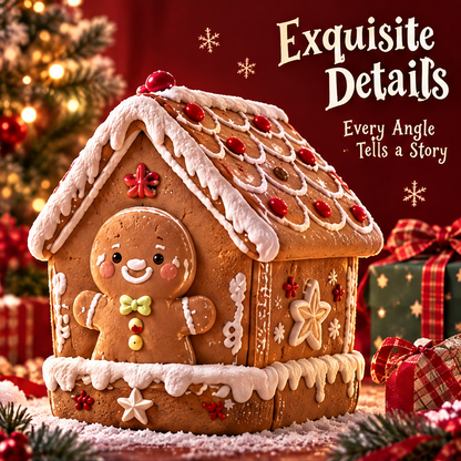 Angled view of the gingerbread house box showing scalloped roof details, red candy-like accents and star motifs