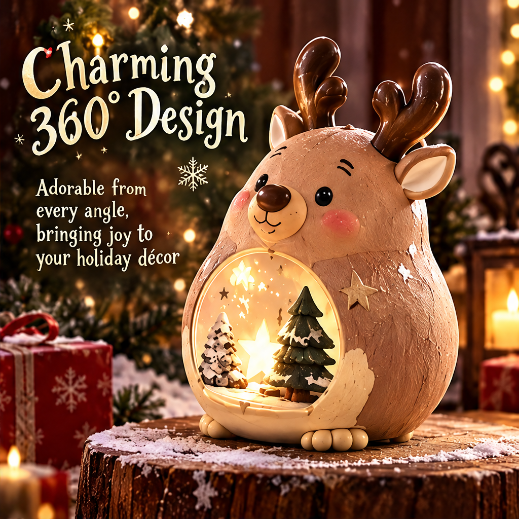 Angled view of the smiling Christmas reindeer with rounded antlers, star details and an illuminated winter scene