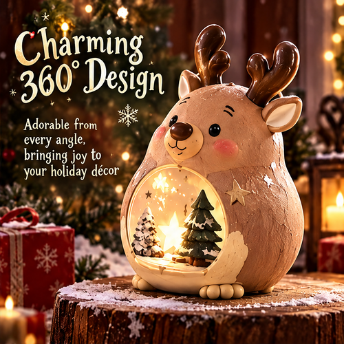 Angled view of the smiling Christmas reindeer with rounded antlers, star details and an illuminated winter scene