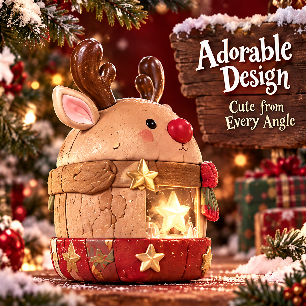 Side view of the Christmas reindeer box showing scarf details, wood-grain-like texture and gold-colored stars