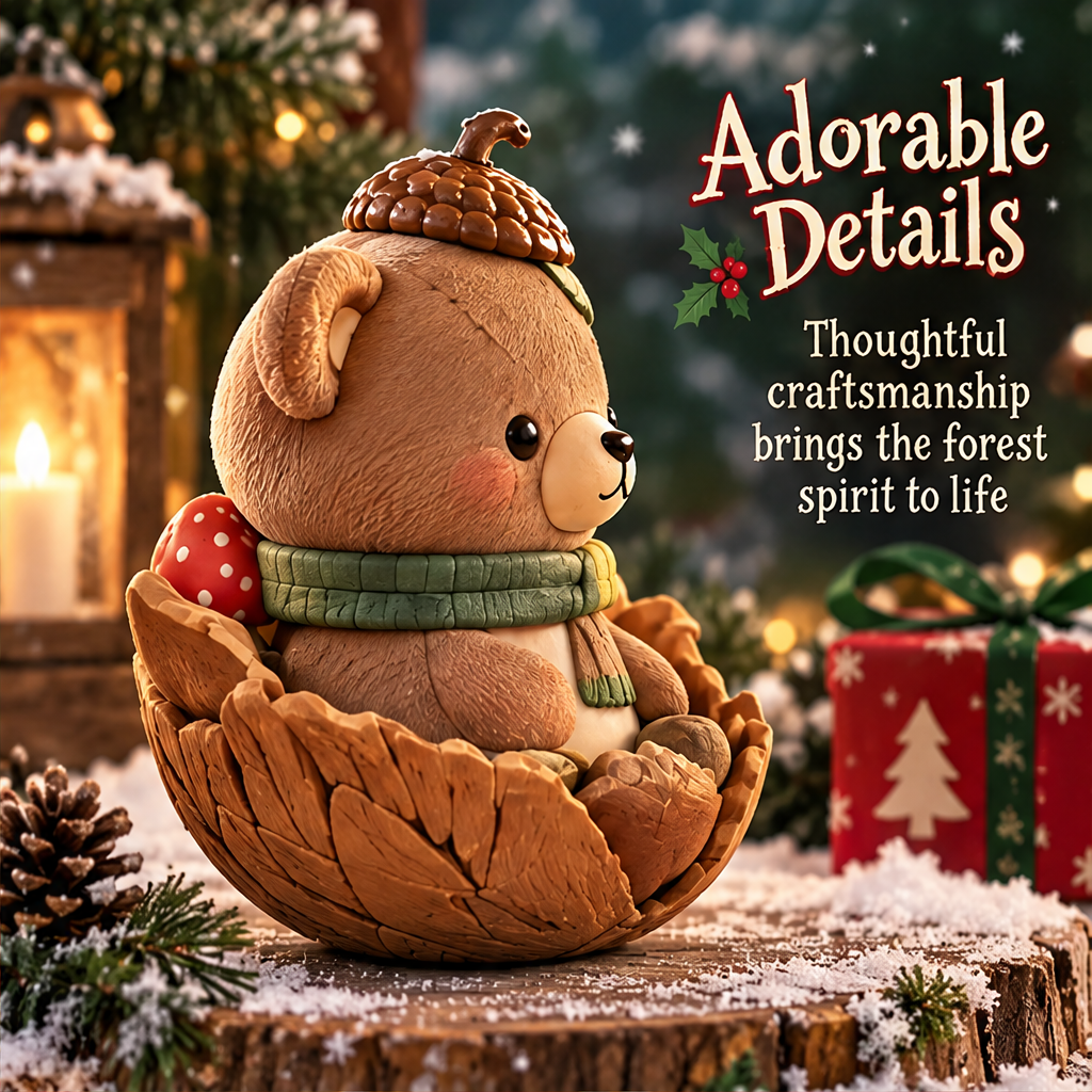Side view of the woodland bear showing its acorn-shaped hat, green scarf and red spotted mushroom
