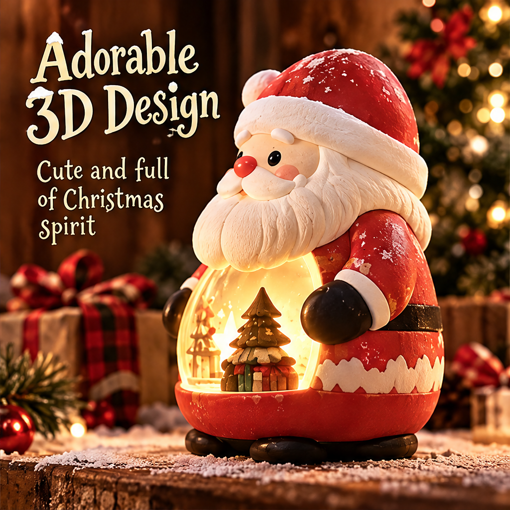 Angled view of Santa Claus with a red pom-pom hat, white beard, black mittens and illuminated belly scene