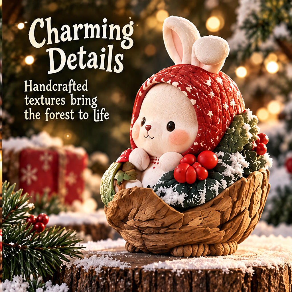 Angled view of the red-hooded Christmas bunny with leafy details, red berries and a layered brown base