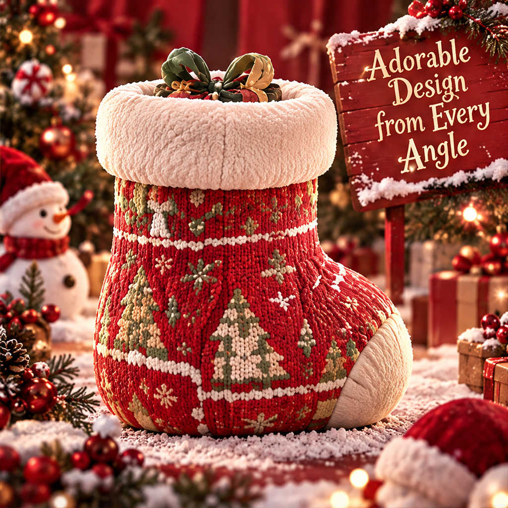 Back view of the red stocking decoration showing knit-look Christmas tree and snowflake patterns