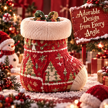 Back view of the red stocking decoration showing knit-look Christmas tree and snowflake patterns
