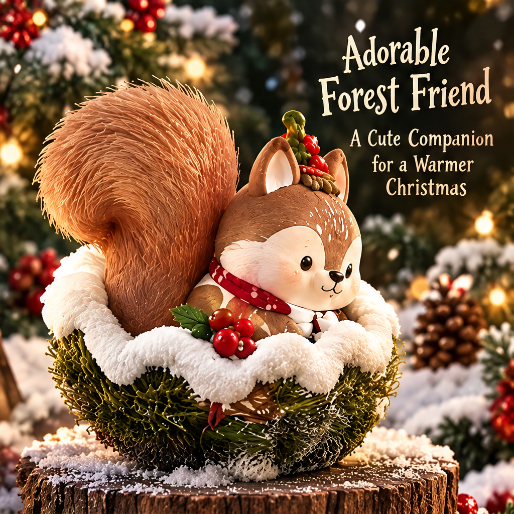 Side view of the woodland squirrel with a large curled tail, leafy hat and snowy-looking nest edging