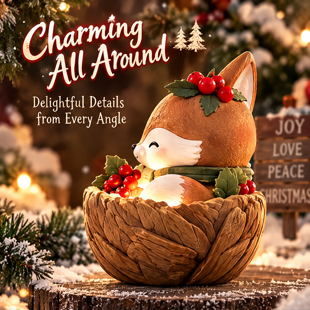 Side view of the glowing woodland fox showing its green scarf, cream-tipped tail and leaf-shaped base