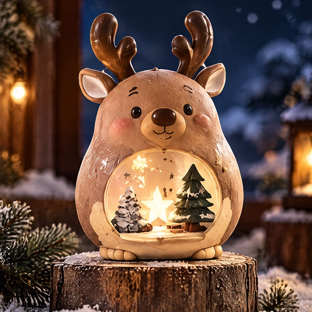 Front view of a brown light-up Christmas reindeer with antlers and a glowing star between miniature trees