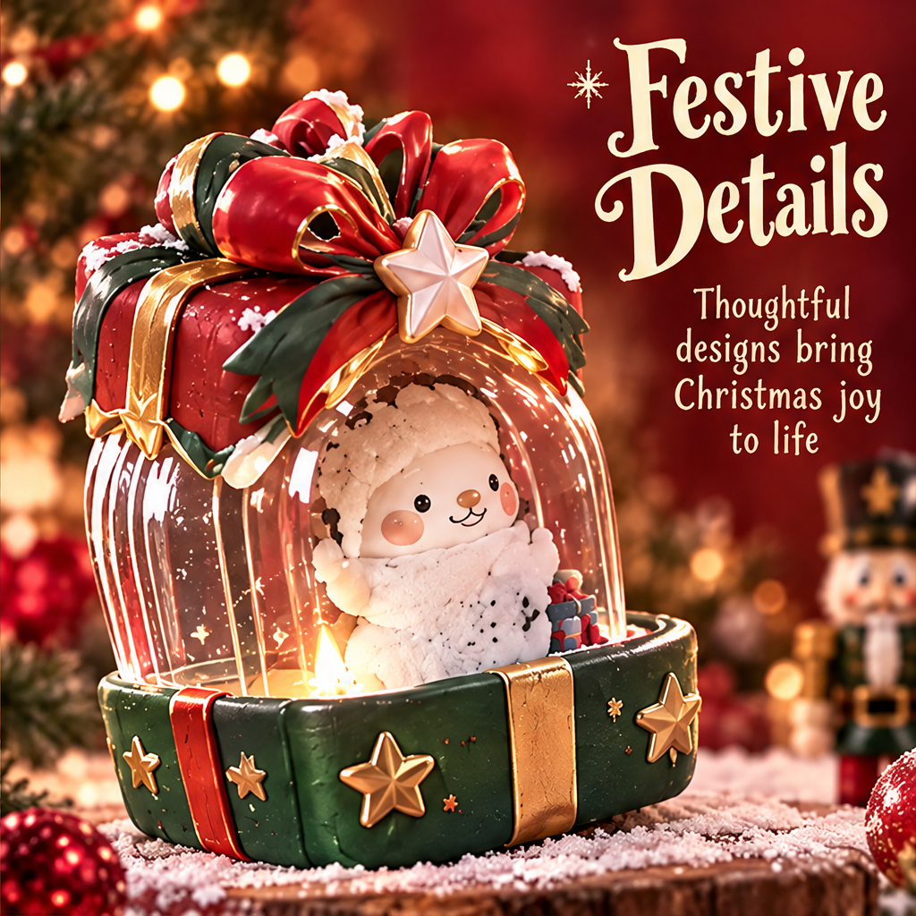 Angled view of the illuminated snowman gift box showing ribbon details, a star topper and miniature gifts