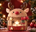 Front view of a light-up reindeer wish box with a red nose, brown antlers and a glowing star in its front window