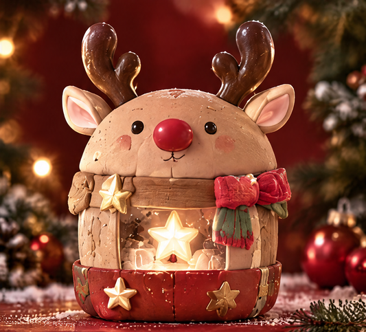 Front view of a light-up reindeer wish box with a red nose, brown antlers and a glowing star in its front window