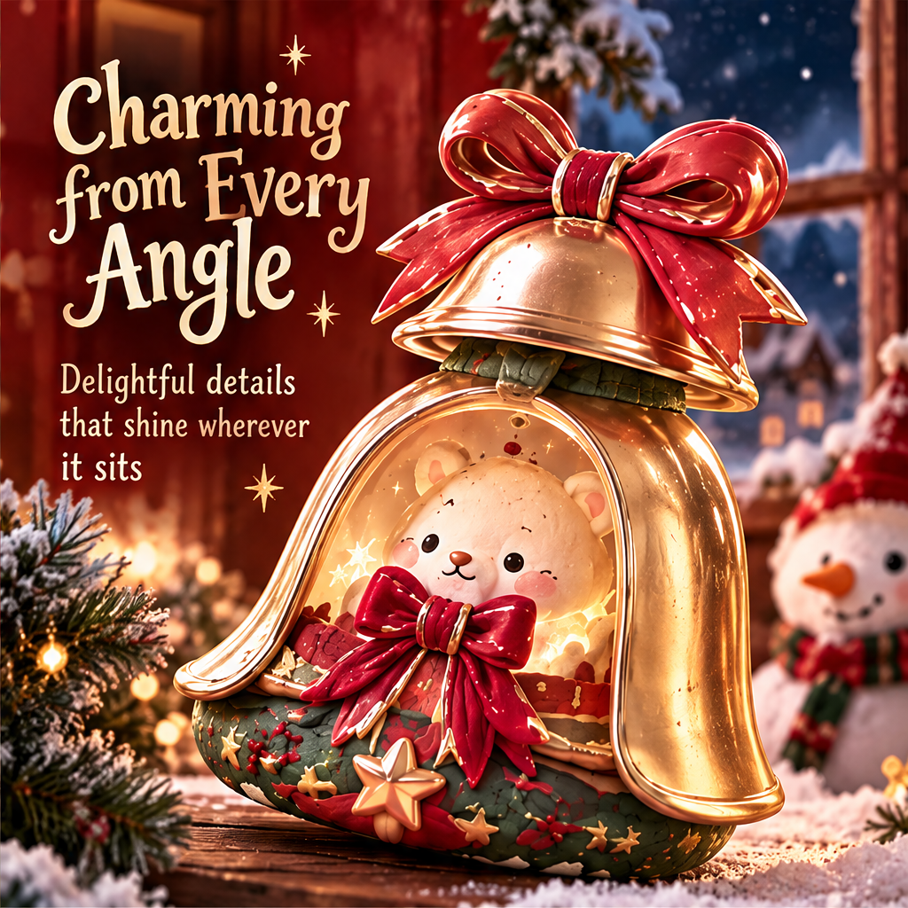 Angled view of the bell-shaped bear decoration showing its curved gold-colored surround and red bow details