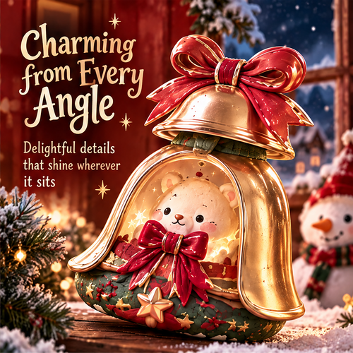 Angled view of the bell-shaped bear decoration showing its curved gold-colored surround and red bow details