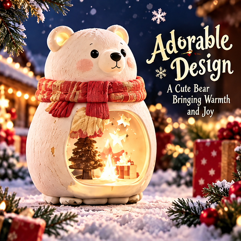 Angled view of the white bear with round ears, rosy cheeks, red scarf and illuminated stars in its belly