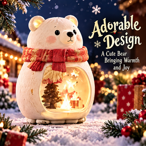 Angled view of the white bear with round ears, rosy cheeks, red scarf and illuminated stars in its belly