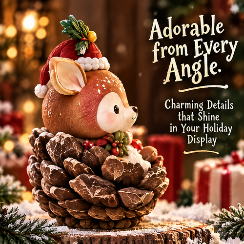 Front view of a Christmas deer in a brown pinecone-shaped base, wearing a red hat and festive scarf