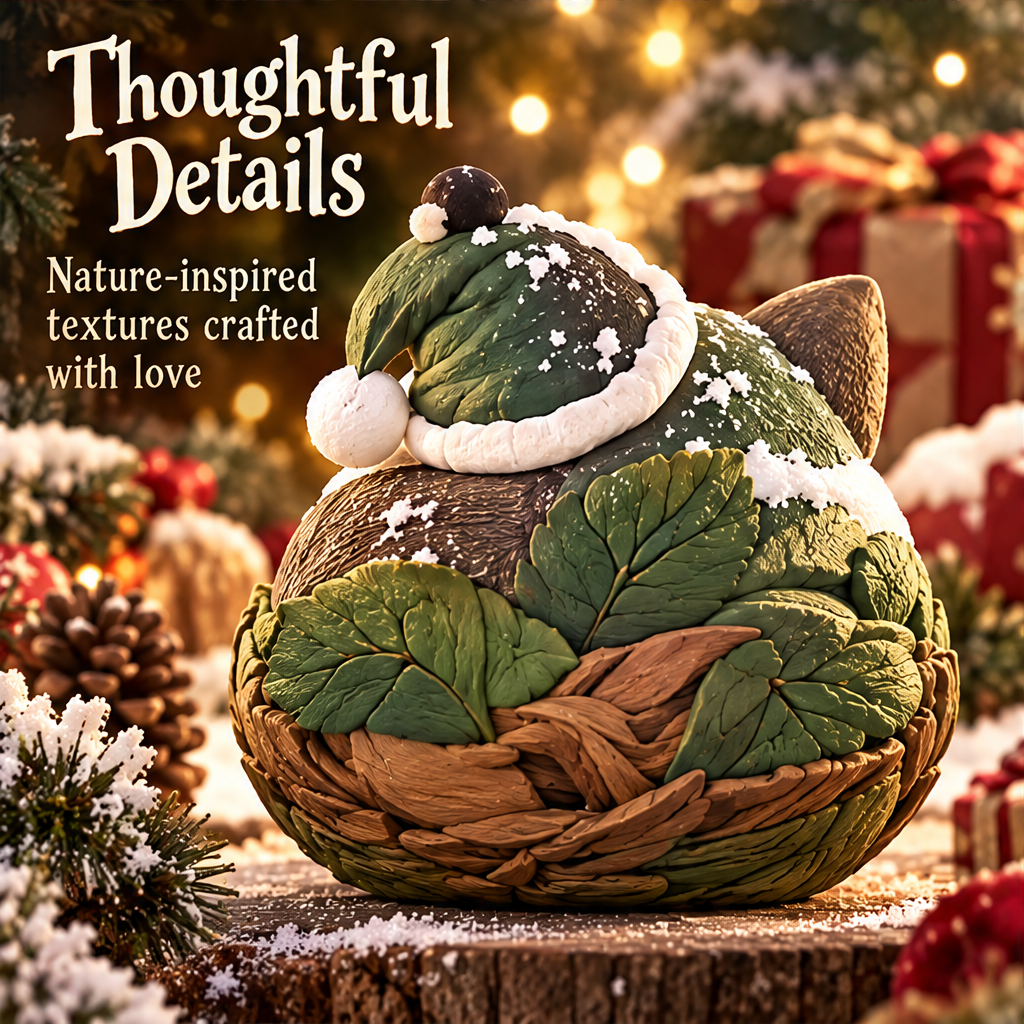 Back view of the cat decoration with a green hat, white pom-pom and nature-inspired leaf textures