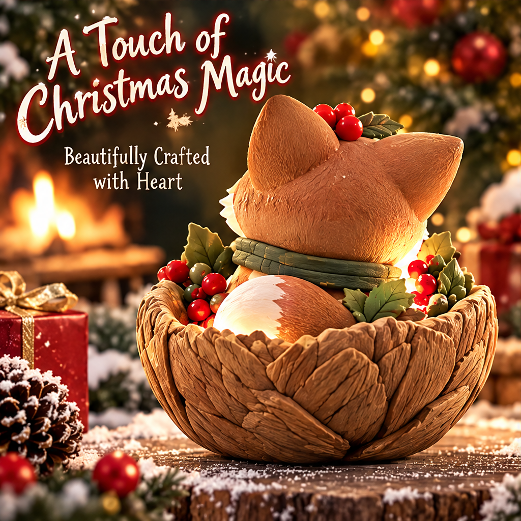 Back view of the Christmas fox with pointed ears, green scarf, cream-tipped tail and surrounding berry details