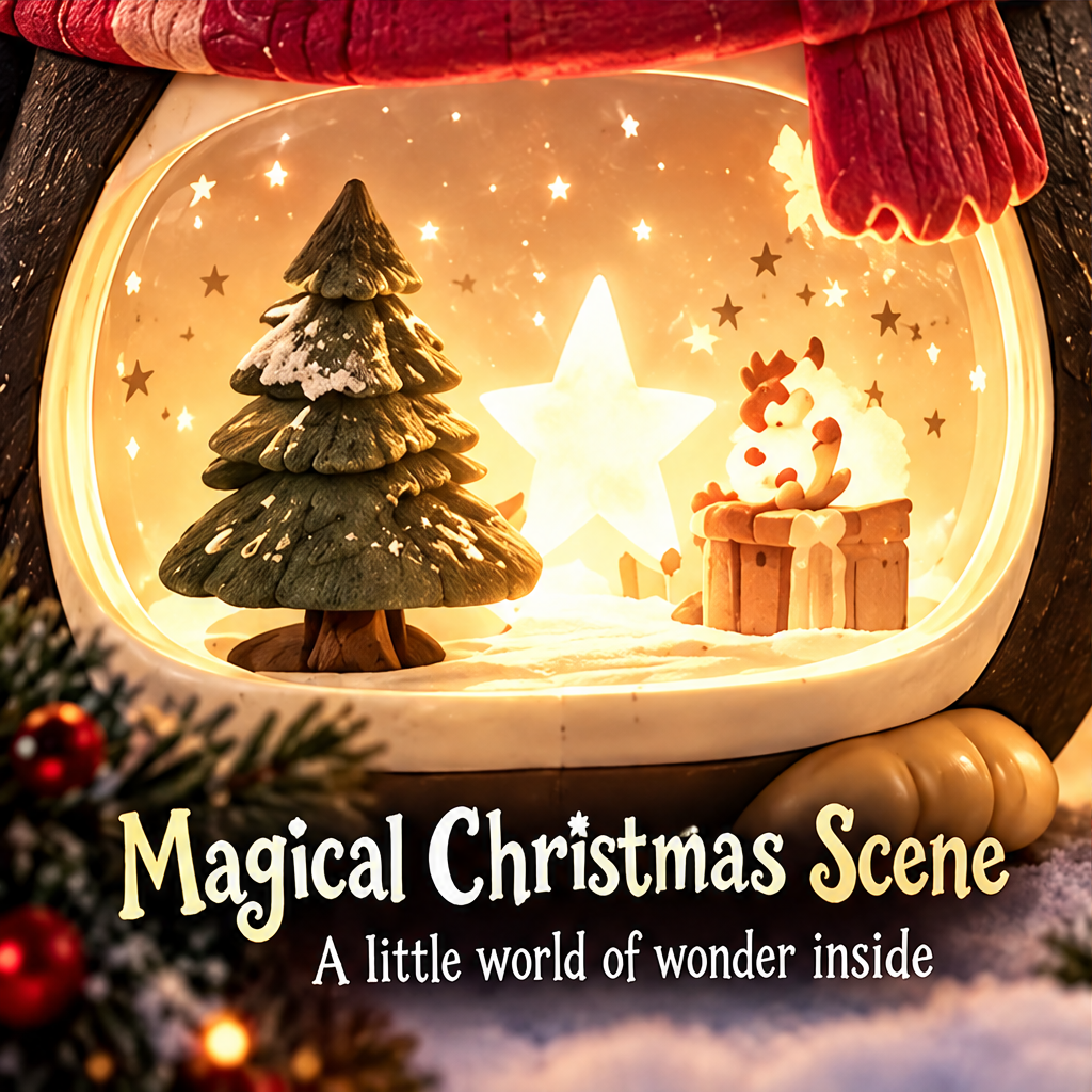 Close-up of the penguin's belly scene with a miniature Christmas tree, glowing star and gift-shaped detail