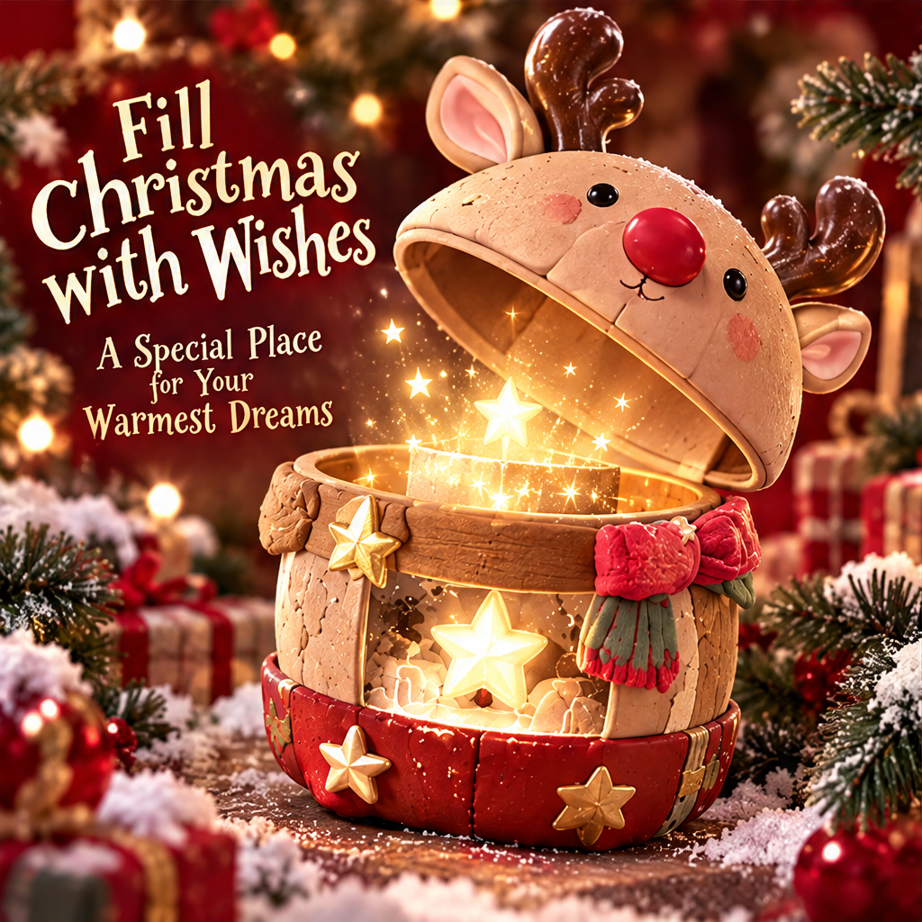 Reindeer wish box shown with its head-shaped top raised above a glowing star scene