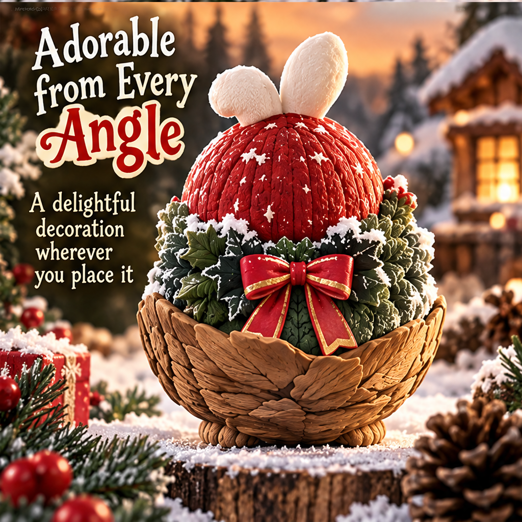 Back view of the Christmas bunny with long ears, a red hood and a red bow with gold-colored edging