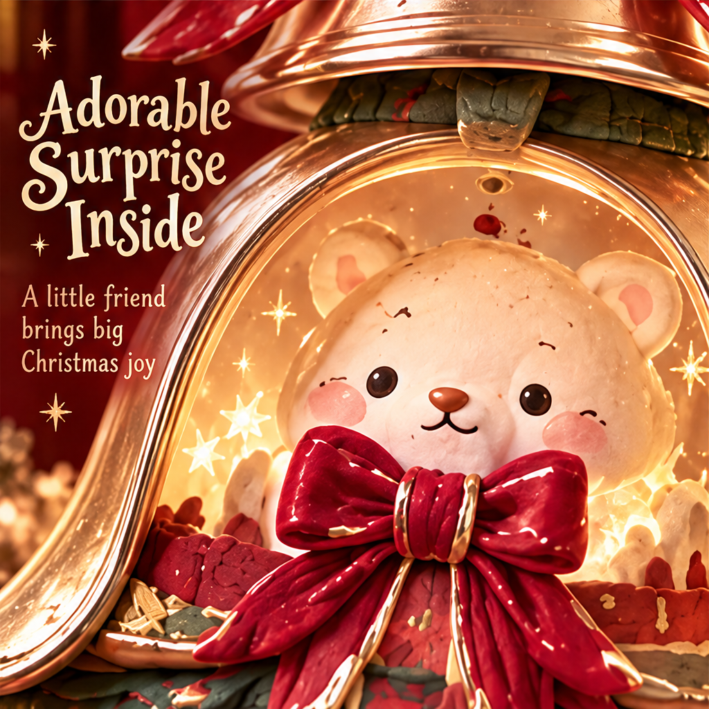 Close-up of the cream-colored bear's smiling face framed by star details and a red bow
