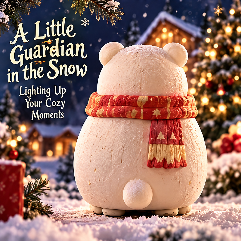 Back view of the white Christmas bear showing its red-and-cream scarf and small round tail