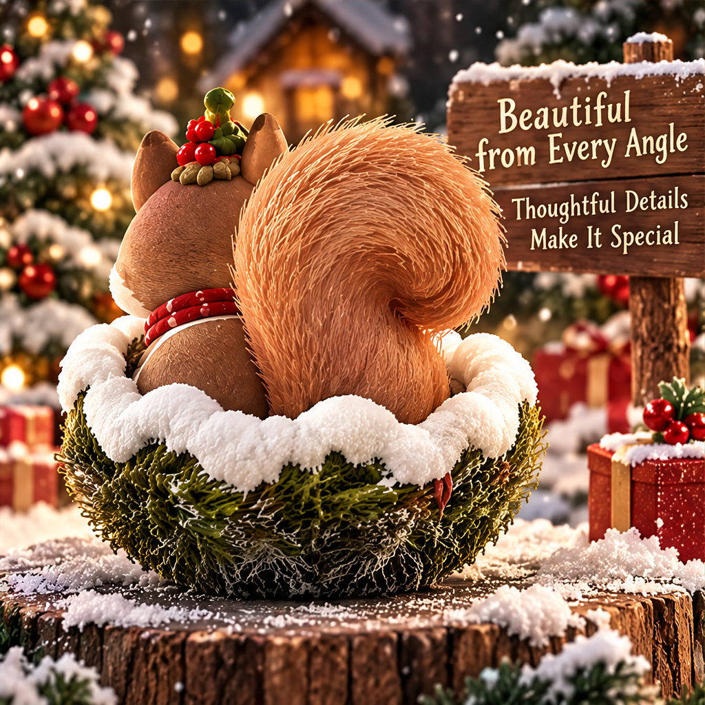 Back view of the Christmas squirrel showing its curled textured tail and green nest-shaped base