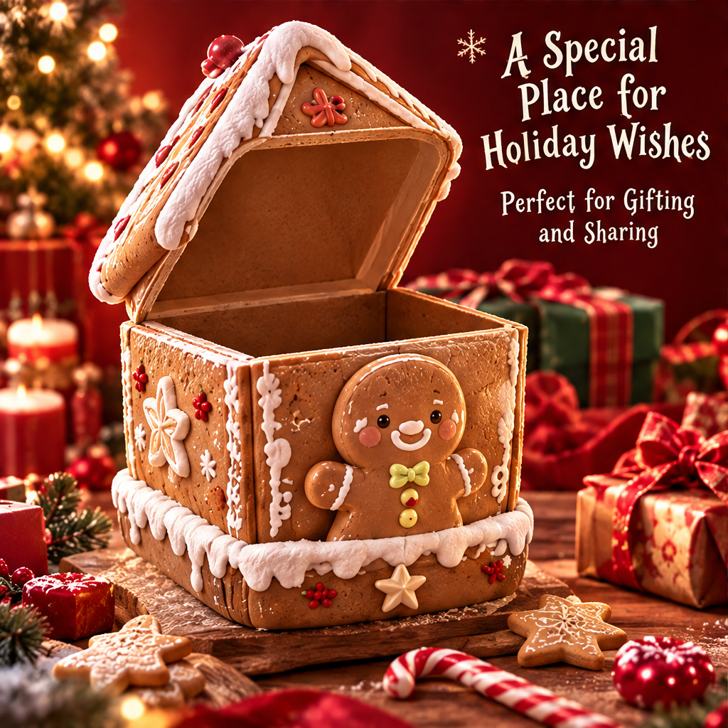 Gingerbread house box with its pitched roof open to reveal the interior compartment